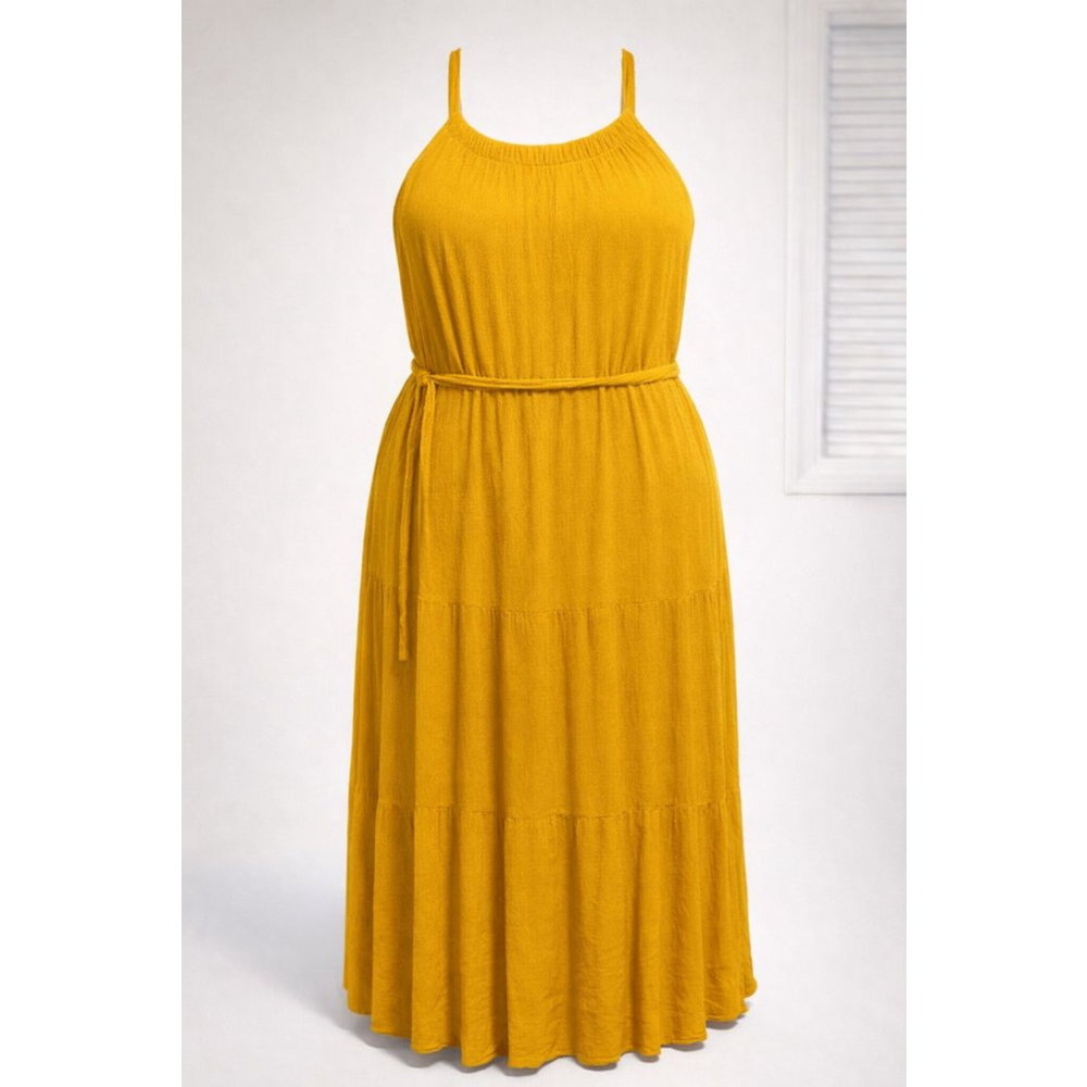 Glamour Mustard Yellow Halter Maxi Dress Tiered Tie Waist Plus Size 2X